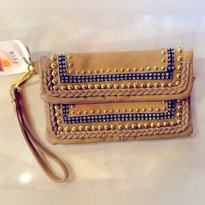 Cache leather and suede studded brass and rhinestones wristlet